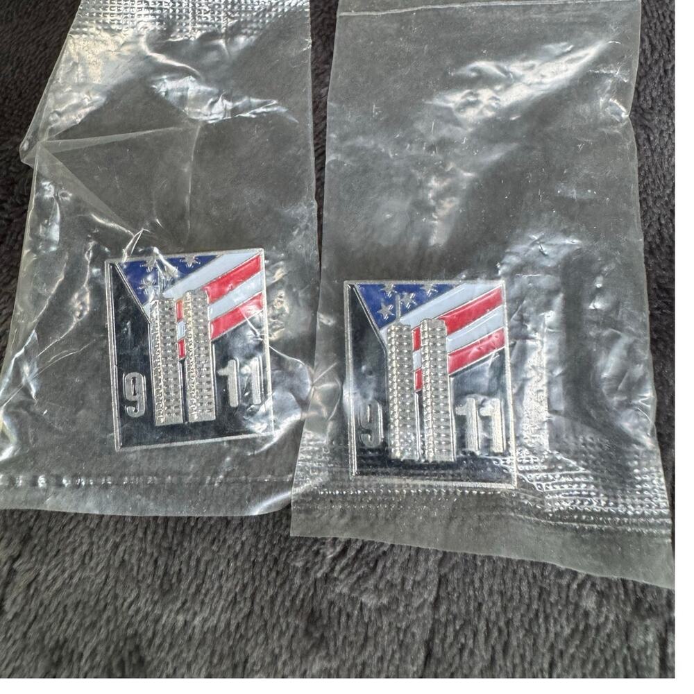9/11 Twin Towers Flag Enamel Pins in Packaging
